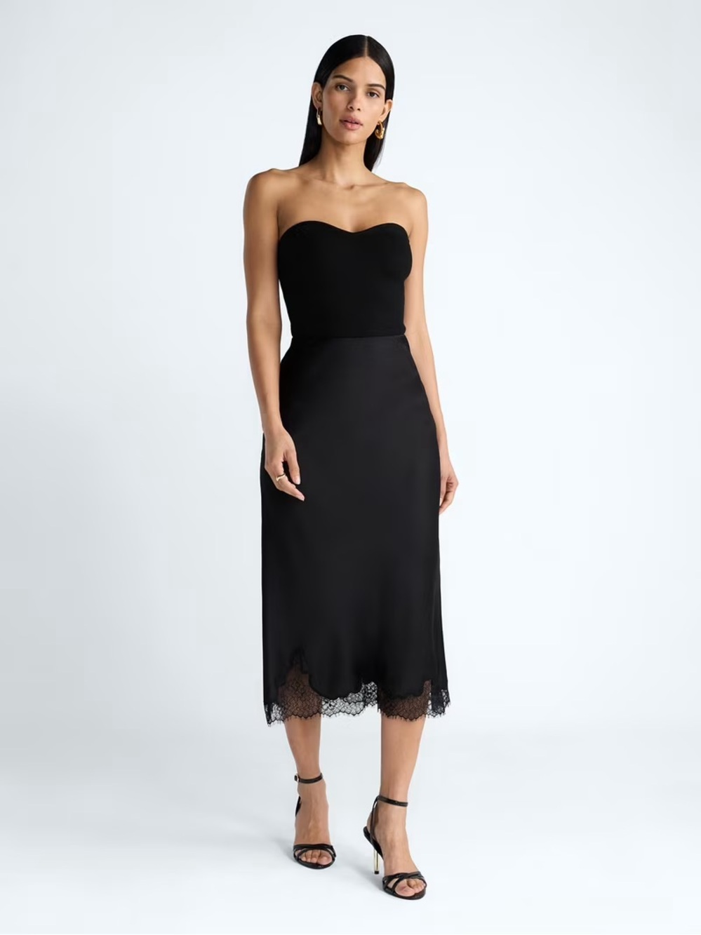 Scoop Women's Black Midi Slip Skirt with Lace Trim - Picture 2 of 12